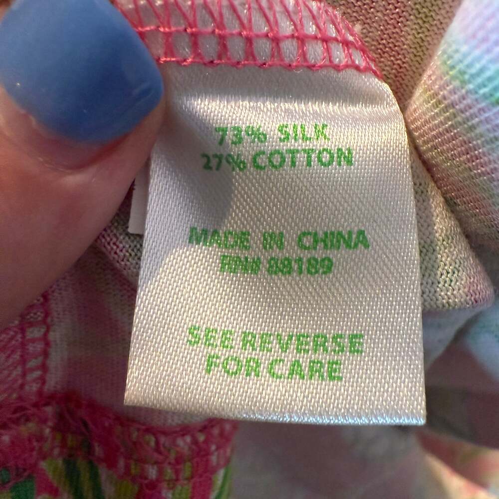 Lilly Pulitzer Silk Cotton Wrap Dress Tropical Pink Green Floral Size Large - Picture 4 of 5